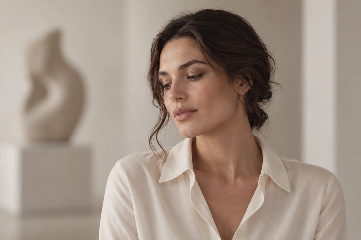 Quiet editorial portrait in a softly lit interior