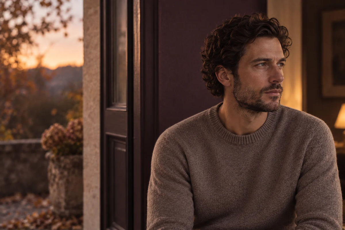 Model in a plain jumper in warm autumn light
