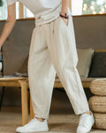 Men's Ankle-Length Drawstring Trousers with Pleats - Beige