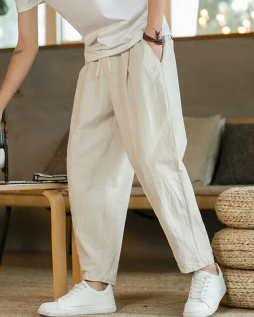 Men's Ankle-Length Drawstring Trousers with Pleats - Beige