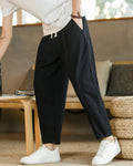Men's Ankle-Length Drawstring Trousers with Pleats - Black
