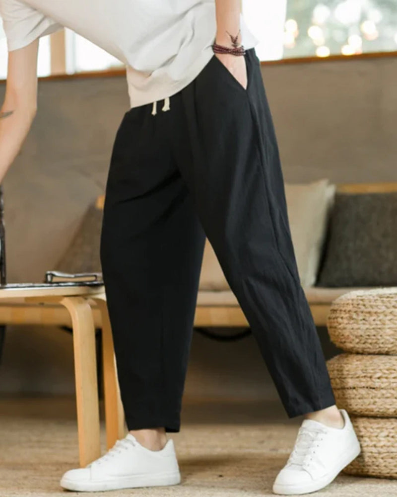 Men's Ankle-Length Drawstring Trousers with Pleats - Black