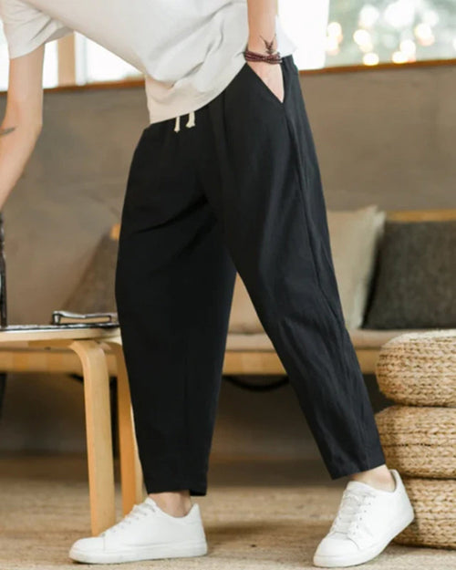 Men's Ankle-Length Drawstring Trousers with Pleats - Black