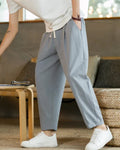Men's Ankle-Length Drawstring Trousers with Pleats - Light Grey