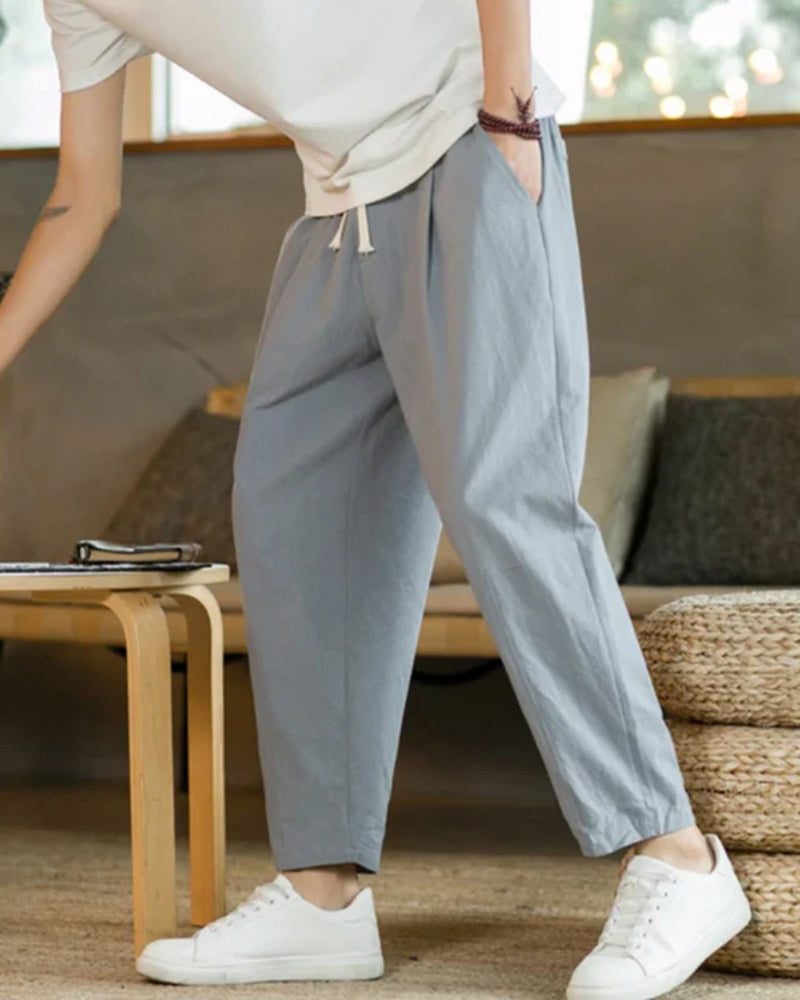 Men's Ankle-Length Drawstring Trousers with Pleats - Light Grey