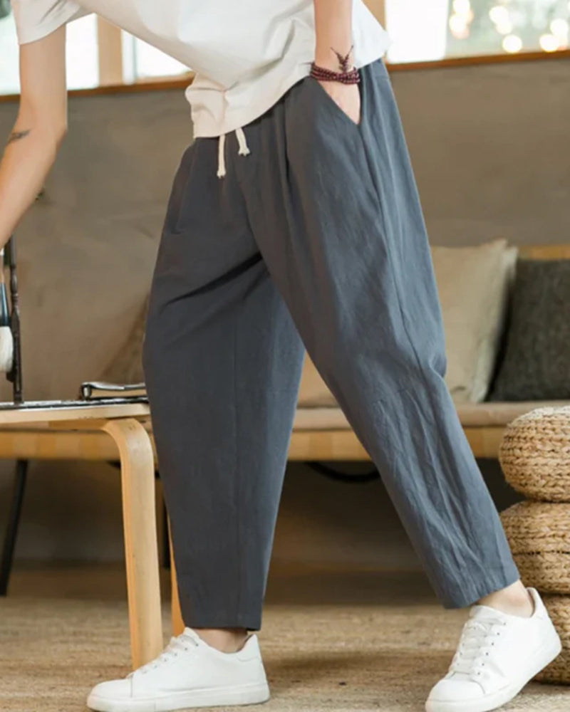 Men's Ankle-Length Drawstring Trousers with Pleats - Dark Grey