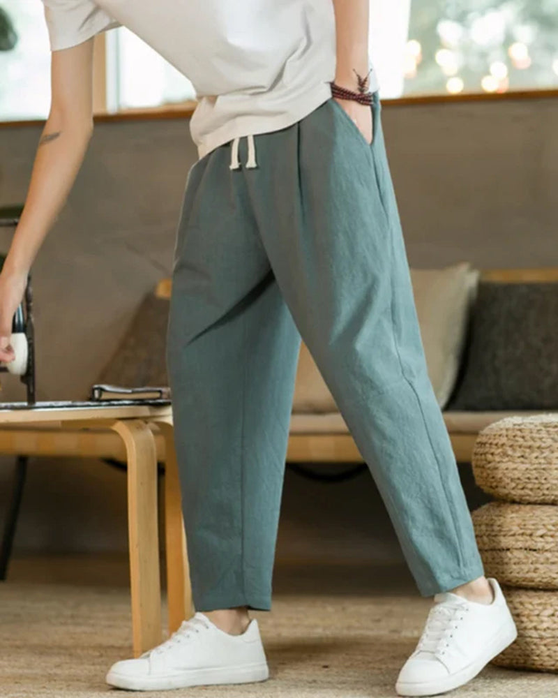 Men's Ankle-Length Drawstring Trousers with Pleats - Green