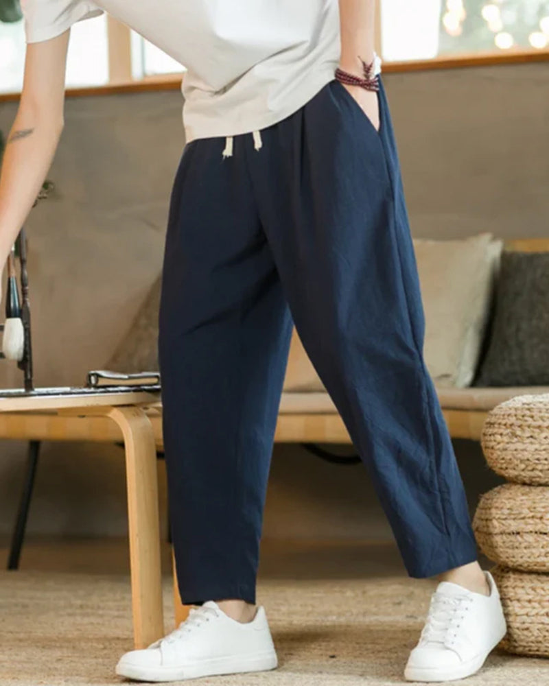 Men's Ankle-Length Drawstring Trousers with Pleats - Marine