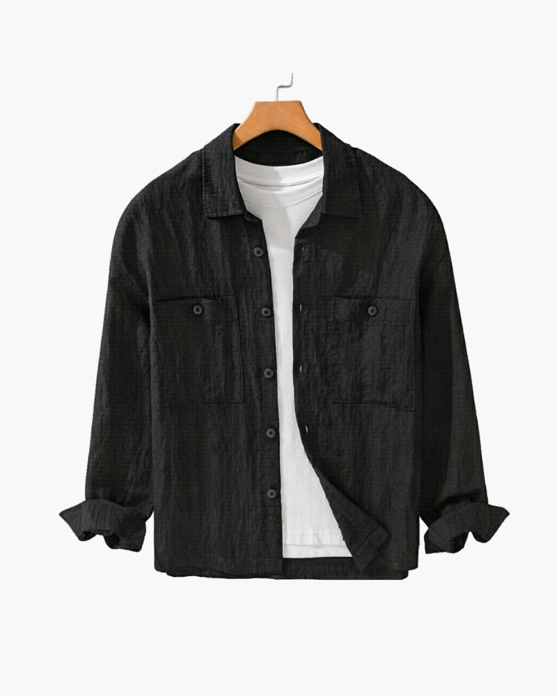 Men's Button-Front Overshirt with Twin Chest Pockets - Black