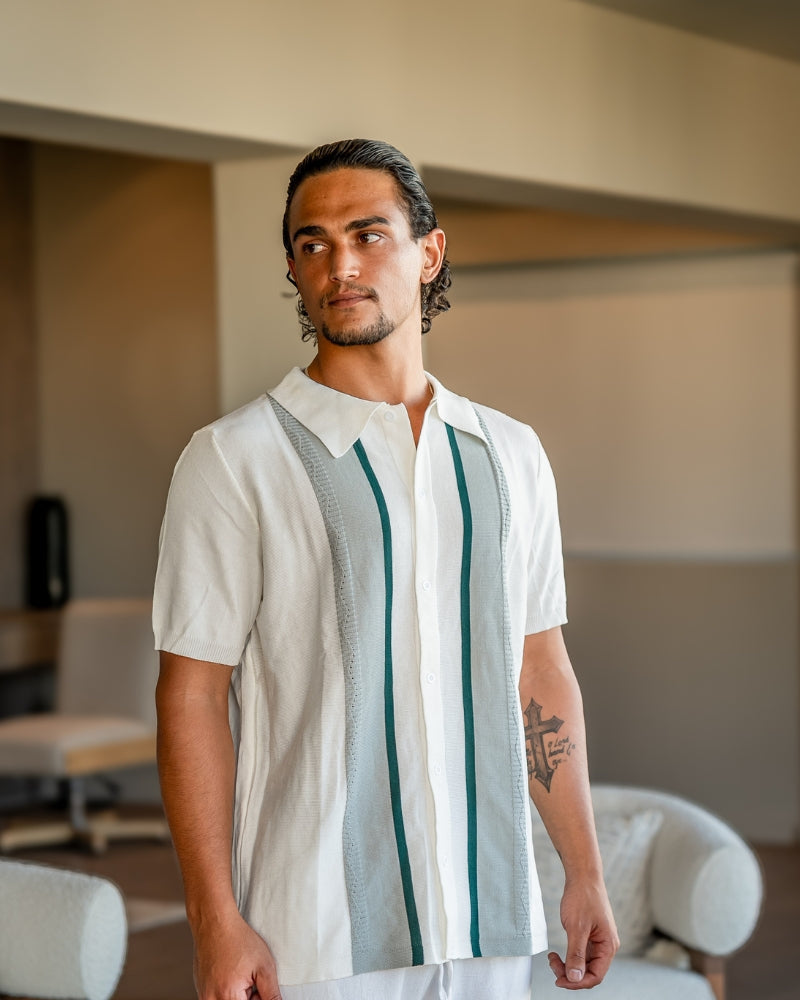 Men's Button-Through Polo with Contrast Front Stripes - White