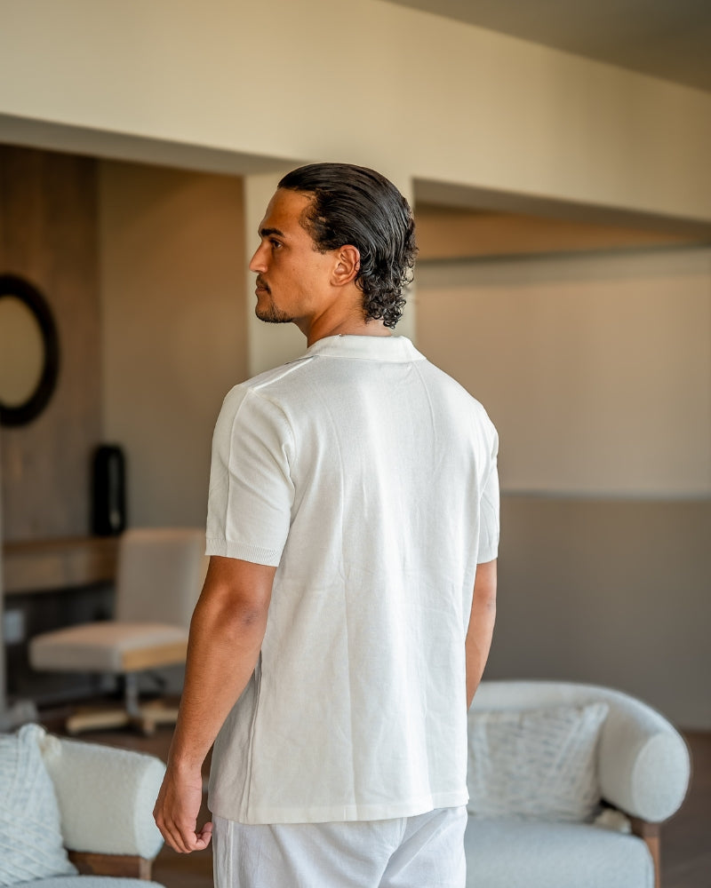 Men's Button-Through Polo with Contrast Front Stripes - White
