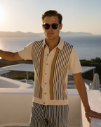 Men's Button-Through Polo with Fine Vertical Stripes - Cream