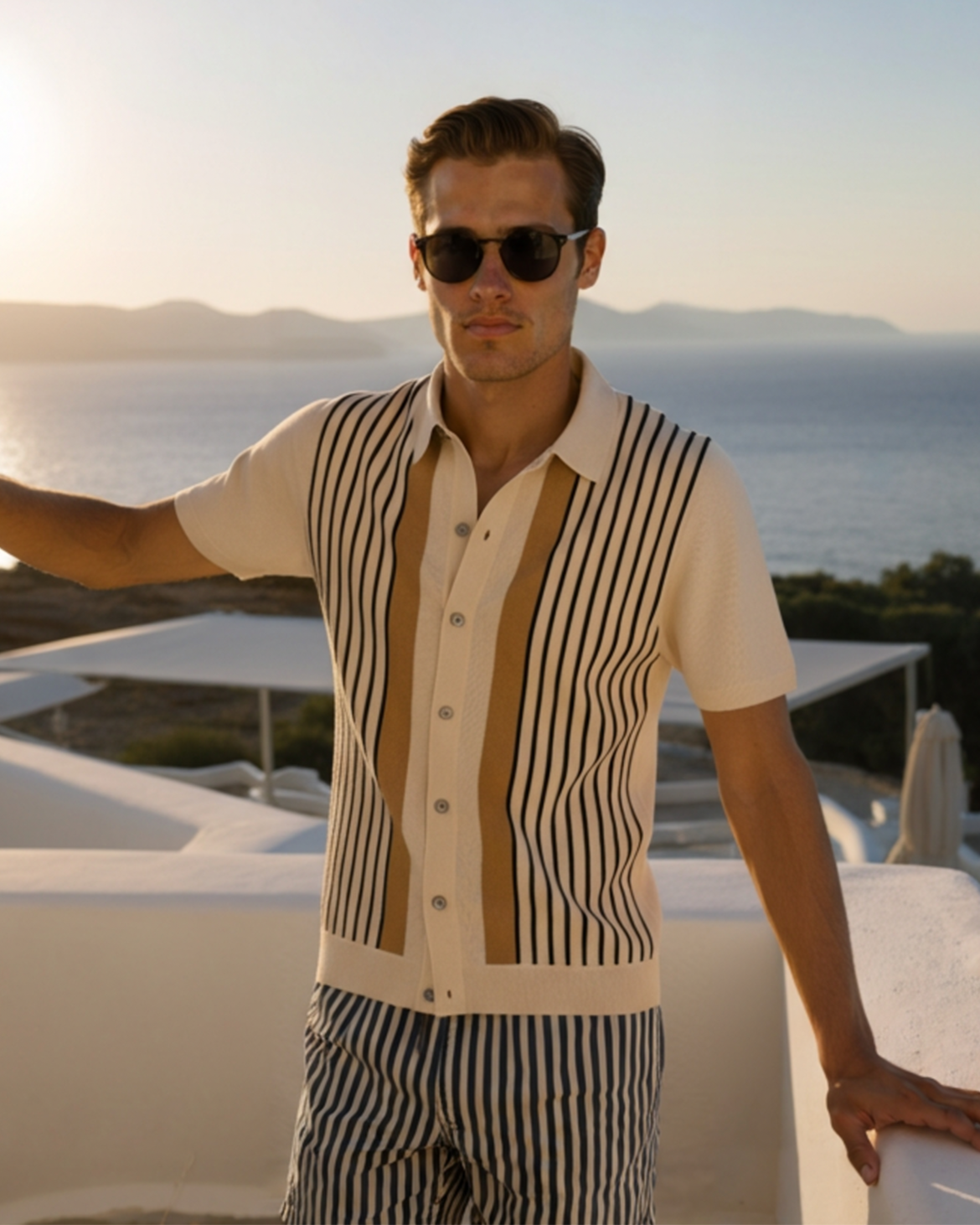 Men's Button-Through Polo with Fine Vertical Stripes - Cream