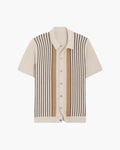 Men's Button-Through Polo with Fine Vertical Stripes - Cream