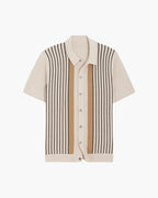 Men's Button-Through Polo with Fine Vertical Stripes - Cream