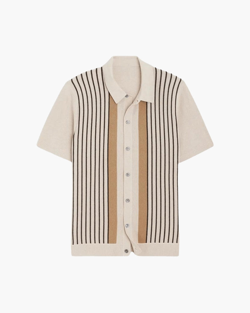Men's Button-Through Polo with Fine Vertical Stripes - Cream