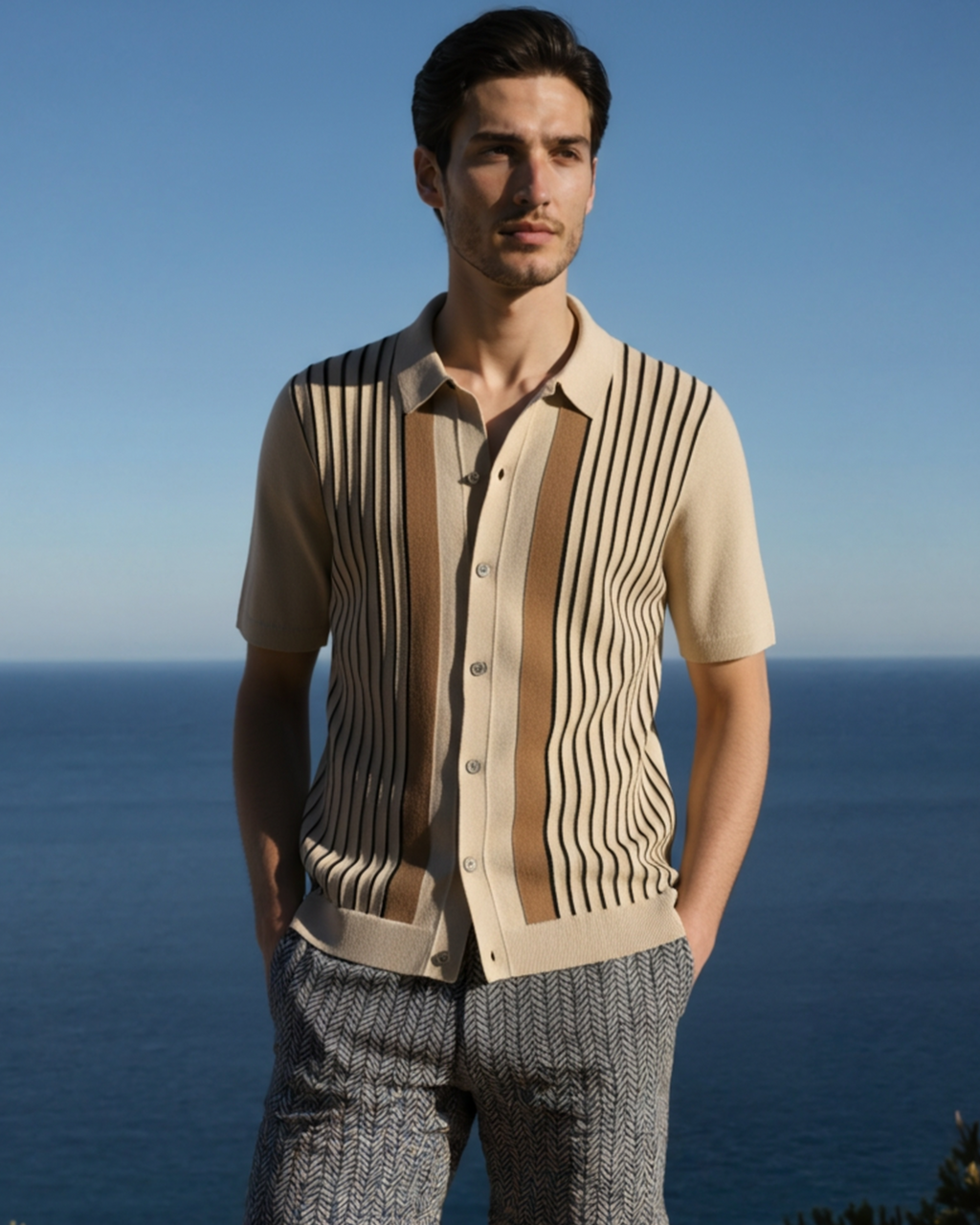 Men's Button-Through Polo with Fine Vertical Stripes - Cream