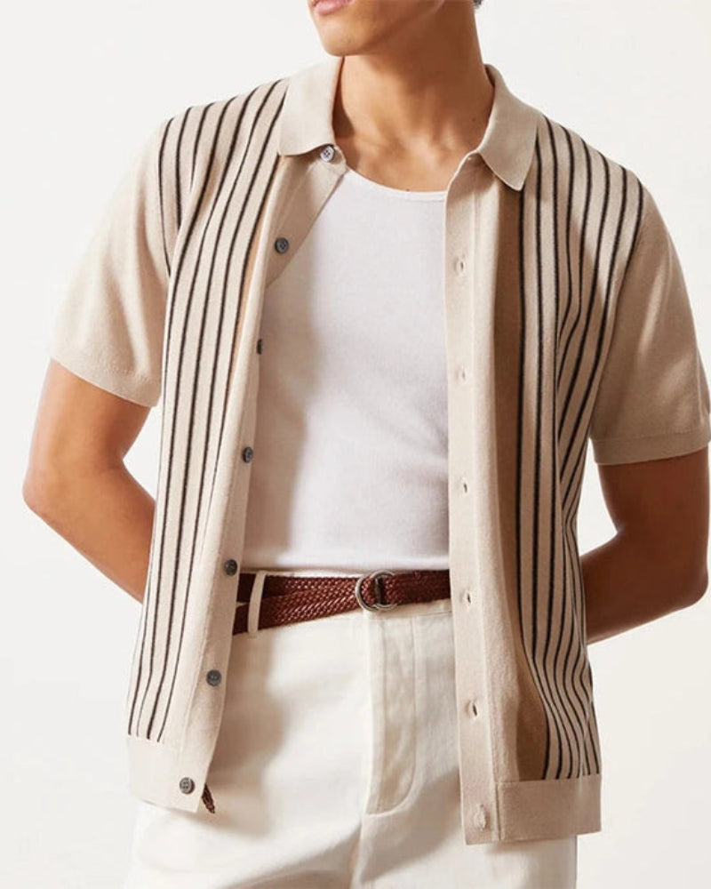 Men's Button-Through Polo with Fine Vertical Stripes - Cream