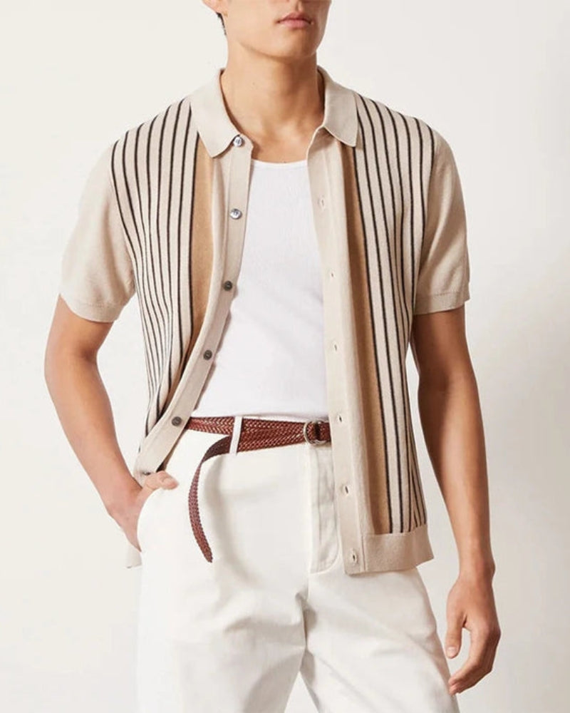 Men's Button-Through Polo with Fine Vertical Stripes - Cream