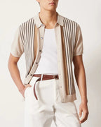 Men's Button-Through Polo with Fine Vertical Stripes - Cream