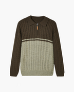 Men's Colour-Block Cable Jumper with a Short Zip - Brown