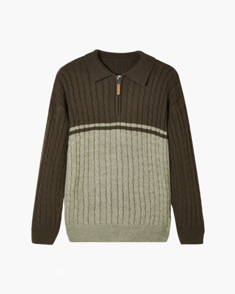Men's Colour-Block Cable Jumper with a Short Zip - Brown
