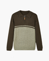 Men's Colour-Block Cable Jumper with a Short Zip - Brown