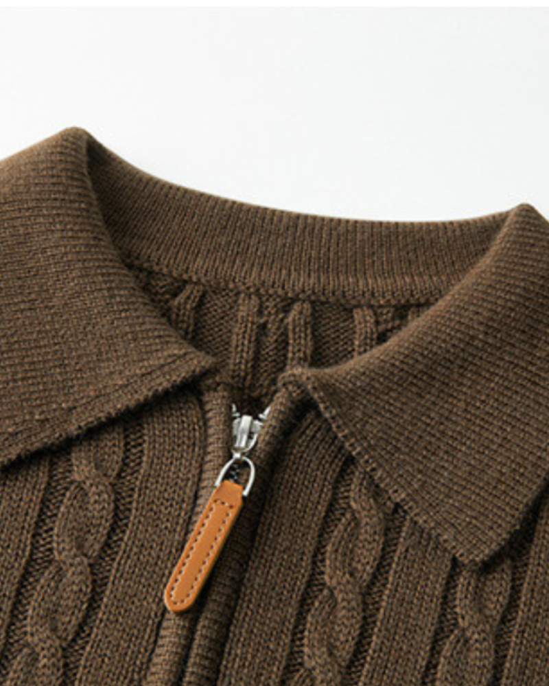 Men's Colour-Block Cable Jumper with a Short Zip - Brown