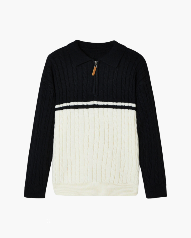 Men's Colour-Block Cable Jumper with a Short Zip - Black