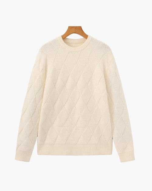 Men's Diamond-Texture Crew-Neck Jumper with Rib Trim - Beige