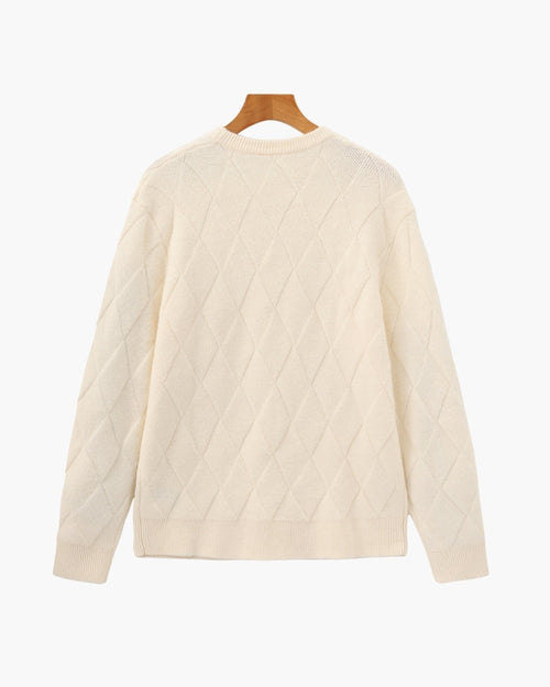 Men's Diamond-Texture Crew-Neck Jumper with Rib Trim - Beige