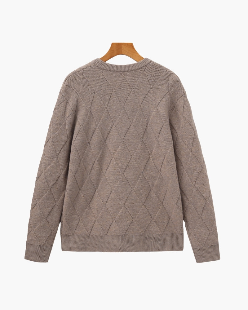 Men's Diamond-Texture Crew-Neck Jumper with Rib Trim - Mocha