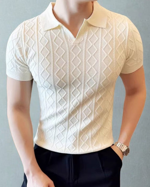 Men's Diamond-Texture Polo Shirt with Short Sleeves - White