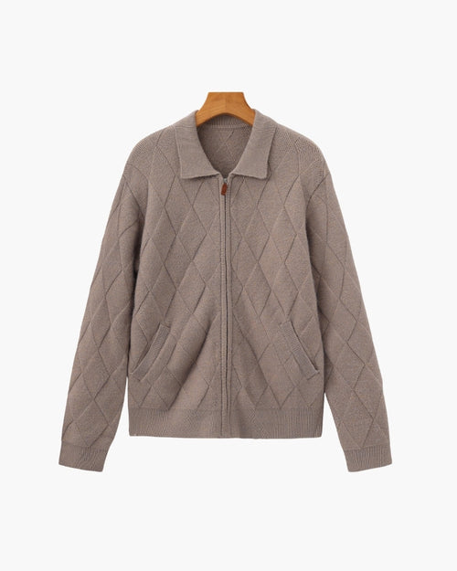 Men's Diamond-Texture Zip Cardigan with Folded Collar - Mocha
