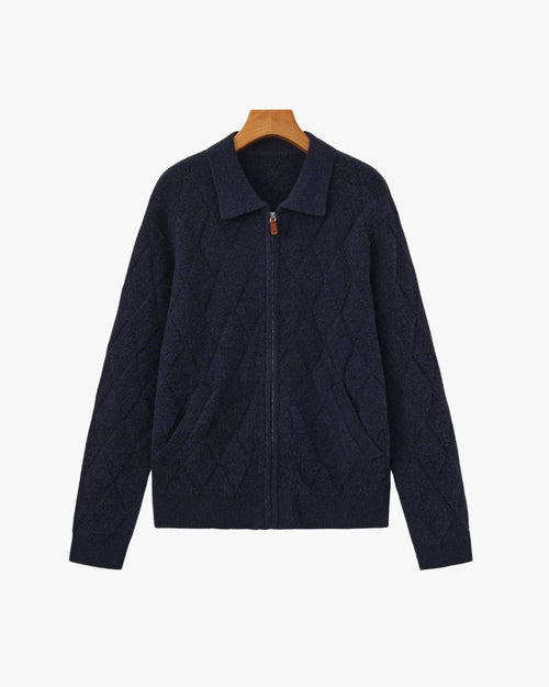 Men's Diamond-Texture Zip Cardigan with Folded Collar - Navy