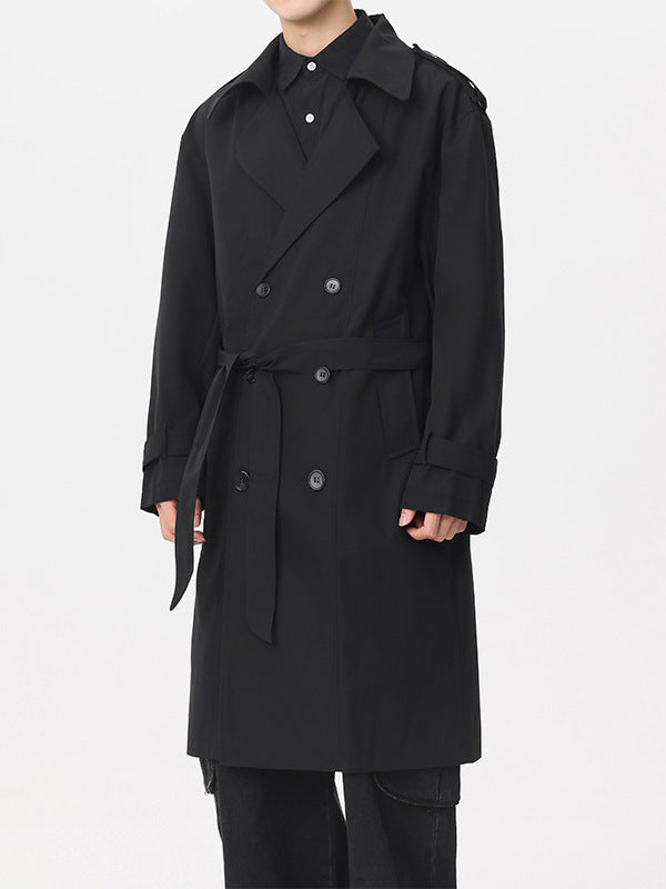 Men's Double-Breasted Trench Coat with a Tie Belt - Black