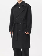 Men's Double-Breasted Trench Coat with a Tie Belt - Black