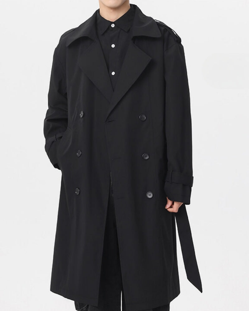Men's Double-Breasted Trench Coat with a Tie Belt - Black