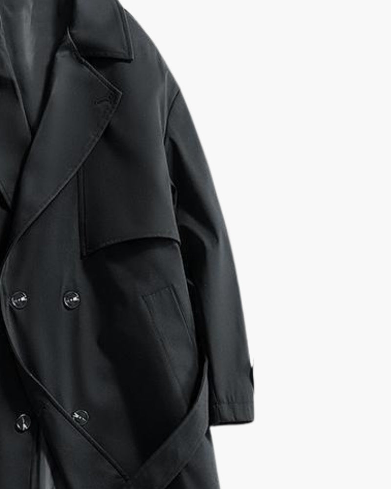 Men's Double-Breasted Trench Coat with a Tie Belt - Black