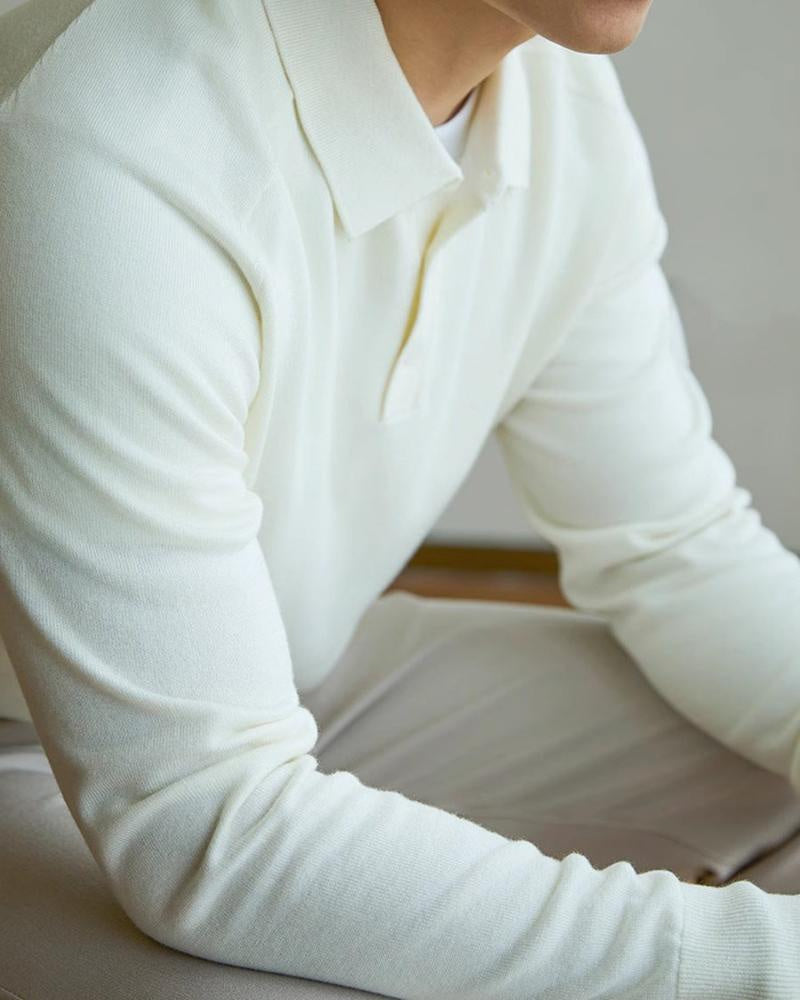 Men's Fine-Knit Long-Sleeve Polo with Buttoned Neck - White
