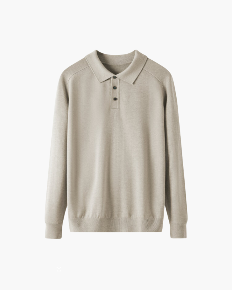 Men's Fine-Knit Long-Sleeve Polo with Buttoned Neck - Beige
