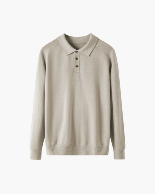 Men's Fine-Knit Long-Sleeve Polo with Buttoned Neck - Beige