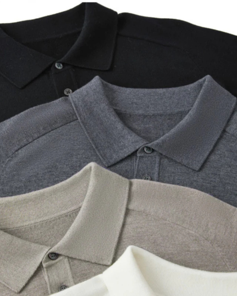 Men's Fine-Knit Long-Sleeve Polo with Buttoned Neck - shared