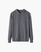 Men's Fine-Knit Long-Sleeve Polo with Buttoned Neck - Grey