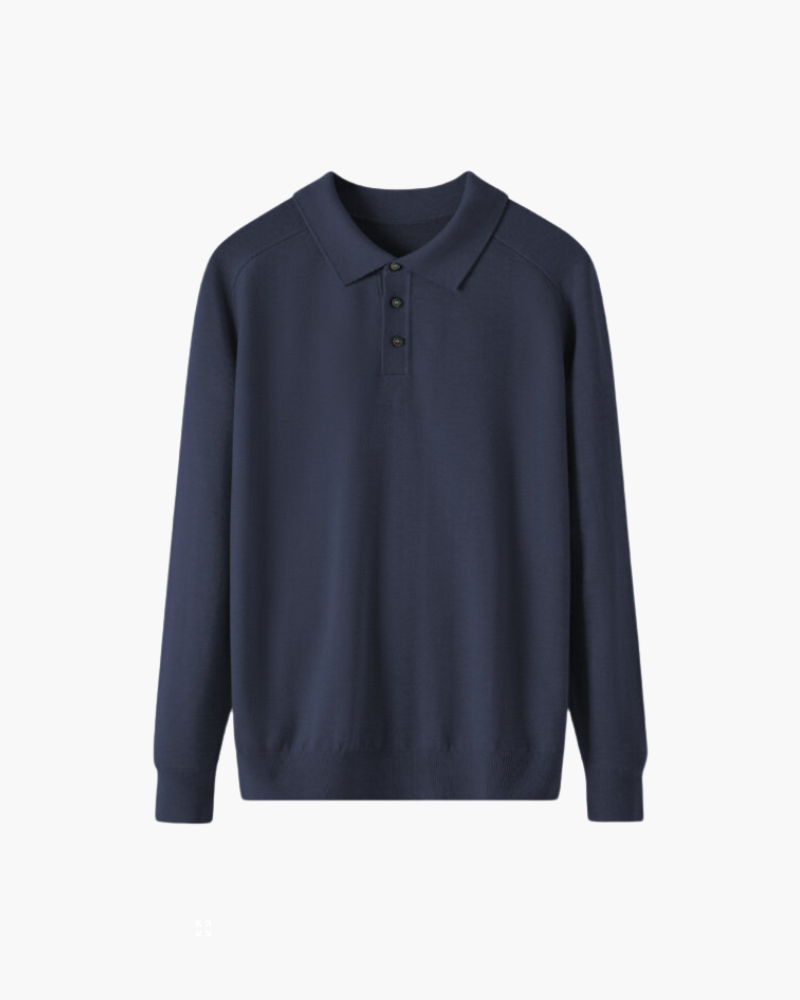 Men's Fine-Knit Long-Sleeve Polo with Buttoned Neck - Navy
