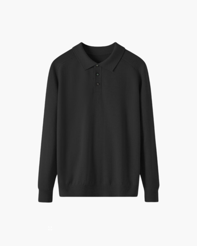 Men's Fine-Knit Long-Sleeve Polo with Buttoned Neck - Black