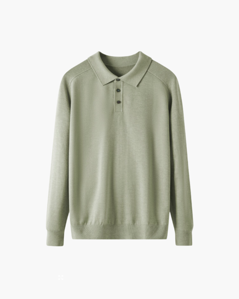 Men's Fine-Knit Long-Sleeve Polo with Buttoned Neck - Green