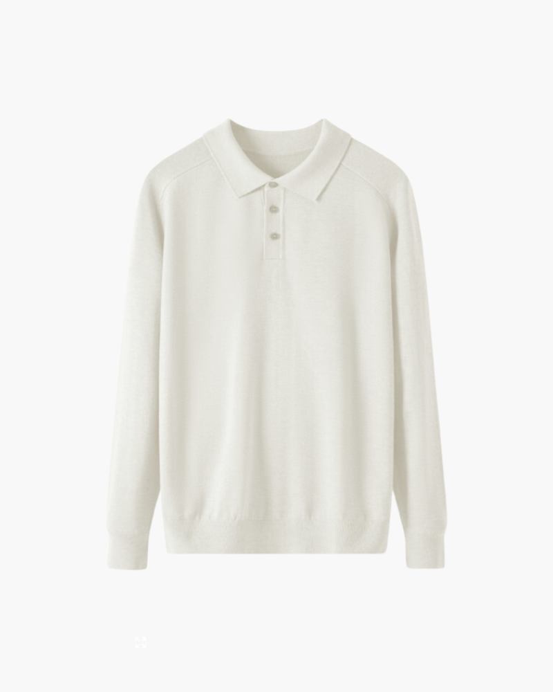 Men's Fine-Knit Long-Sleeve Polo with Buttoned Neck - White
