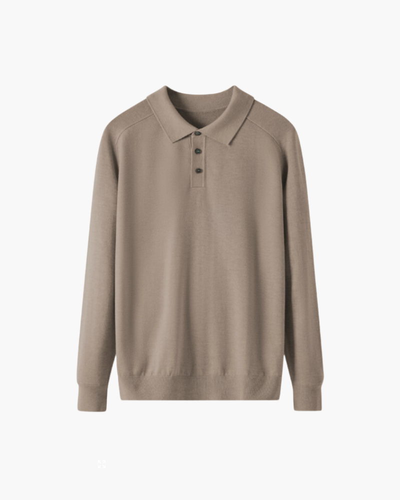 Men's Fine-Knit Long-Sleeve Polo with Buttoned Neck - Brown