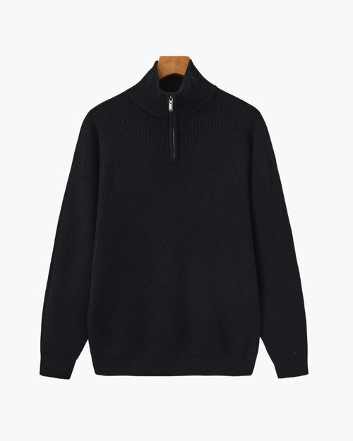 Men's Fine-Rib Half-Zip Jumper with a Stand Collar - Black